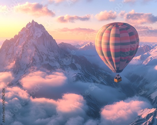 Colorful hot air balloon soaring above majestic mountains, surrounded by fluffy clouds during a serene sunset, evoking a sense of adventure and freedom.