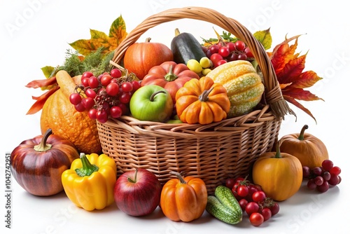 Aerial View of a Basket Filled with Fresh Autumn Fruits and Vegetables on White Background