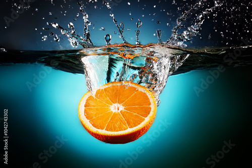 Eine Halbierte Orange platscht ins Wasser photo