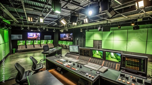 Aerial View of a Broadcast Studio with Video Mixer Controls and Equipment for Live Production