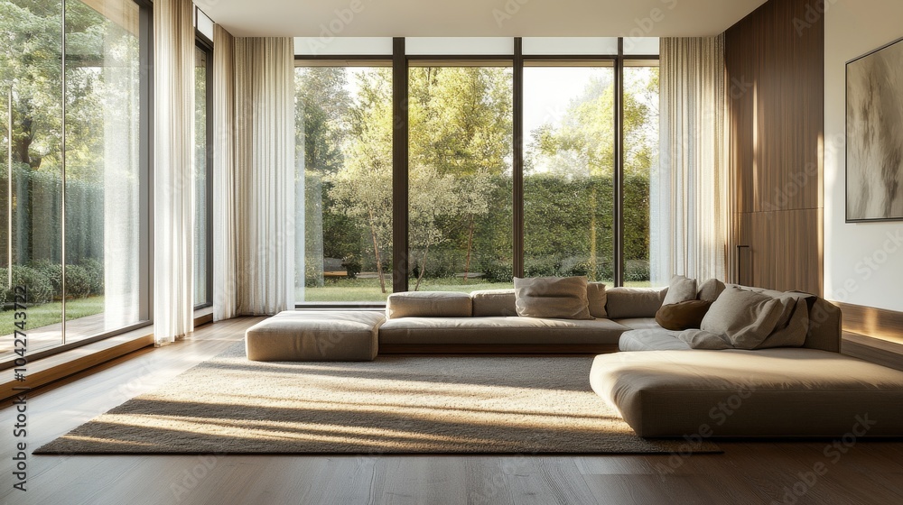 Fototapeta premium Modern living room with large windows, a beige sectional sofa, and a rug. Sunlight streams through the windows, illuminating the room.