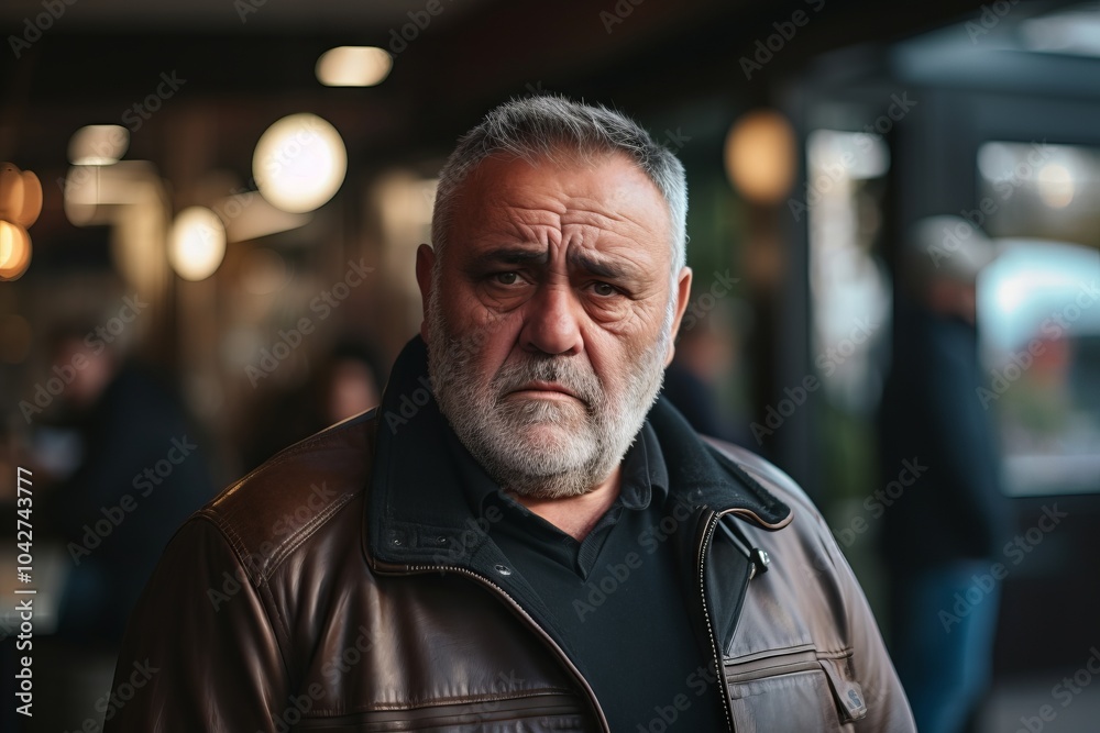 Portrait of a senior man in a leather jacket in a cafe. Portrait of a senior man in a leather jacket in a cafe.