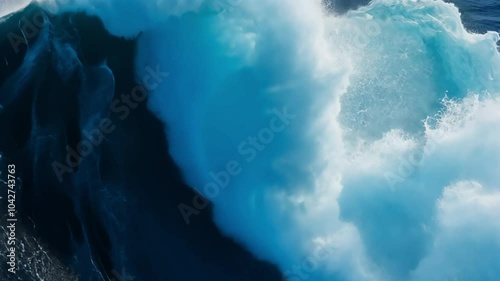 Large, powerful ocean waves with bright blue, foamy crests. Darker water surrounds them. photo