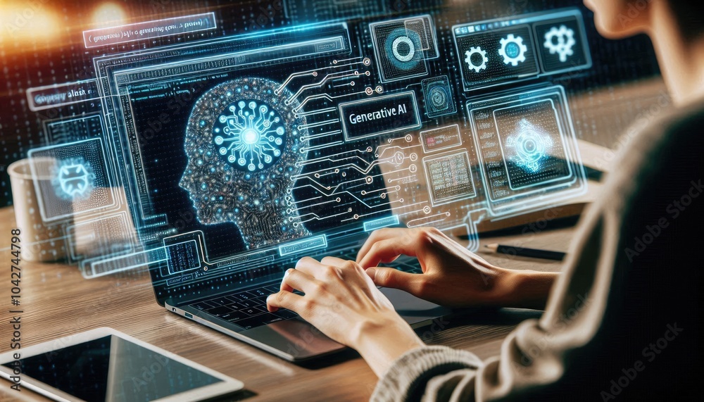 Generative AI Concept: Close-Up of Person Typing on Laptop with Futuristic Holographic Interfaces Displaying AI Elements, Neural Networks, Command Prompts, and Human-Machine Interaction Generative AI Concept: Close-Up of Person Typing on Laptop with Futuristic Holographic Interfaces Displaying AI Elements, Neural Networks, Command Prompts, and Human-Machine Interaction