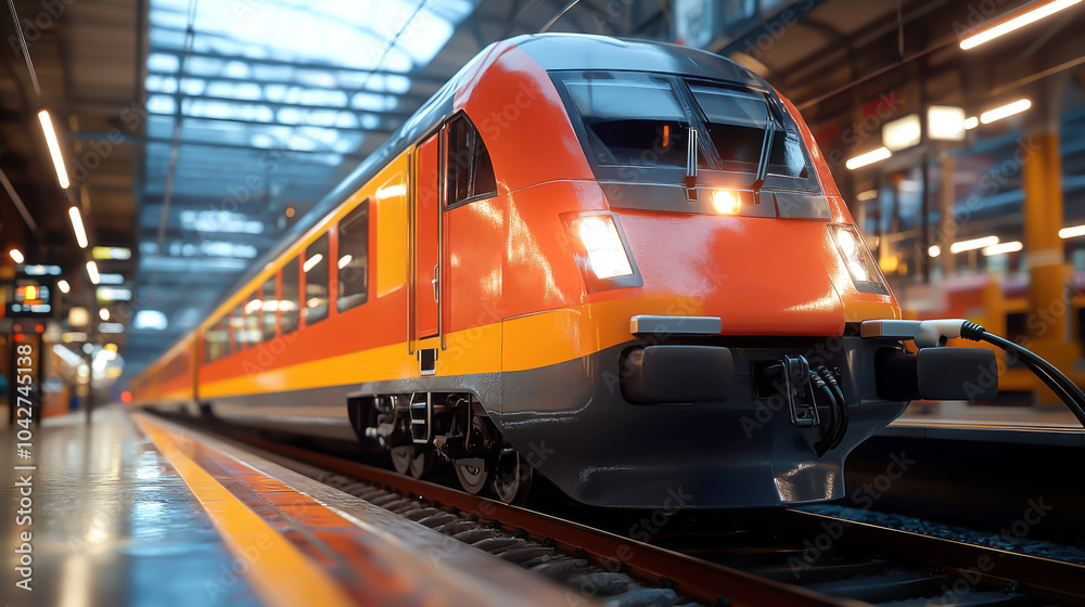 Obraz premium Train on railway track in a vibrant station interior.