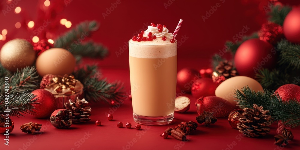 a glass filled with a drink surrounded by christmas decorations a glass filled with a drink surrounded by christmas decorations