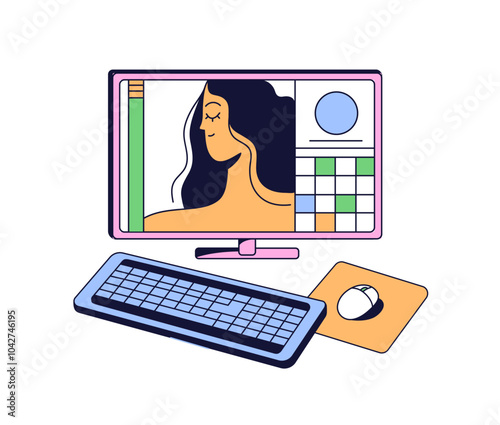 Artist workplace with computer. PC monitor with keyboard, mouse and pad on desk. Illustrator work software on desktop screen. Creative workspace. Flat isolated vector illustration on white background