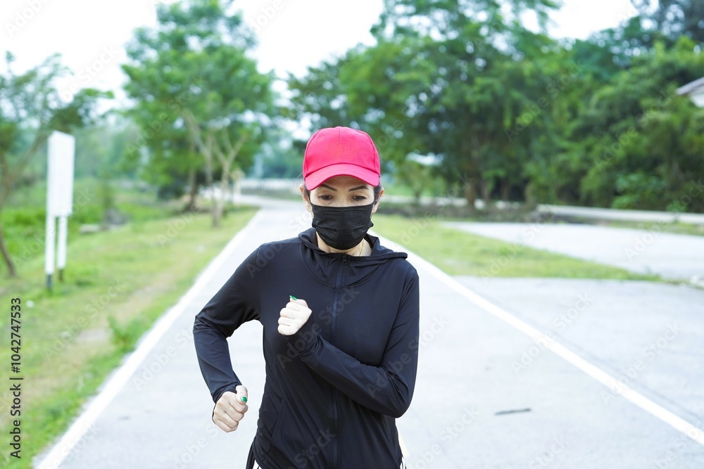 A woman wearing a black dress and red hat is jogging. A woman wearing a black dress and red hat is jogging.