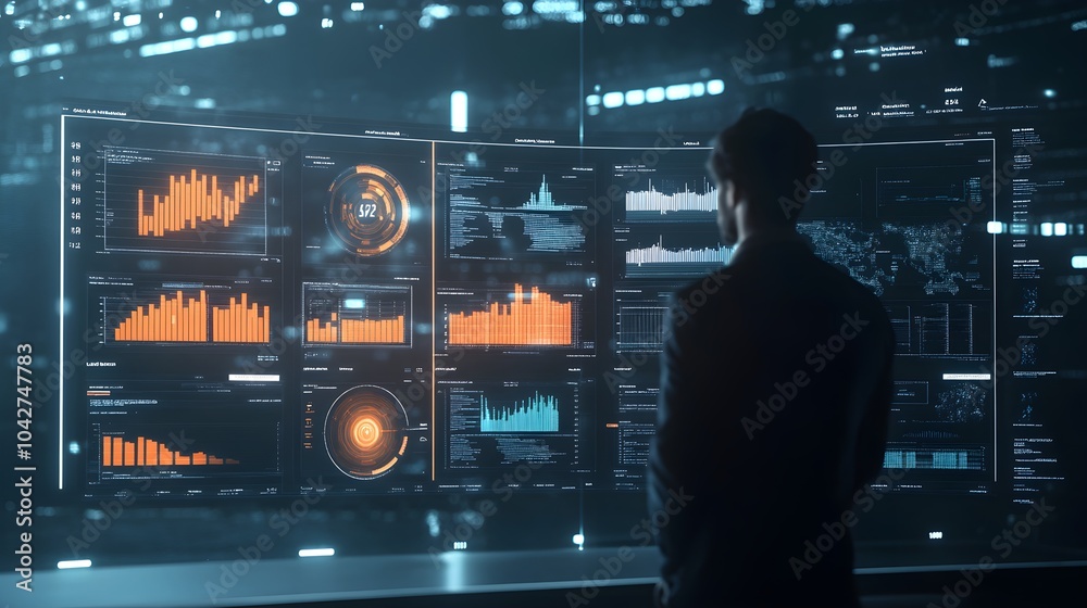 Businessman Analyzing Data on Large Screen with Graphs and Charts