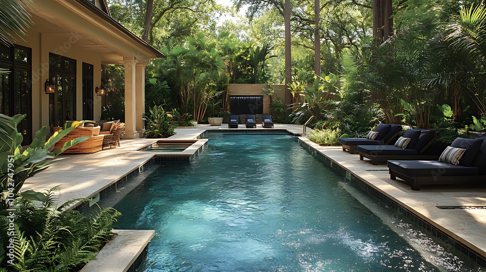 custom made wallpaper toronto digitalA luxurious swimming pool with a spa and lounge chairs in a lush green backyard.