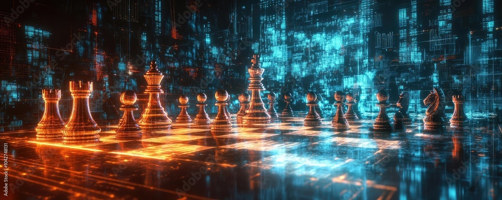 Naklejka premium A holographic chess game, with digital pieces moving across a glowing board