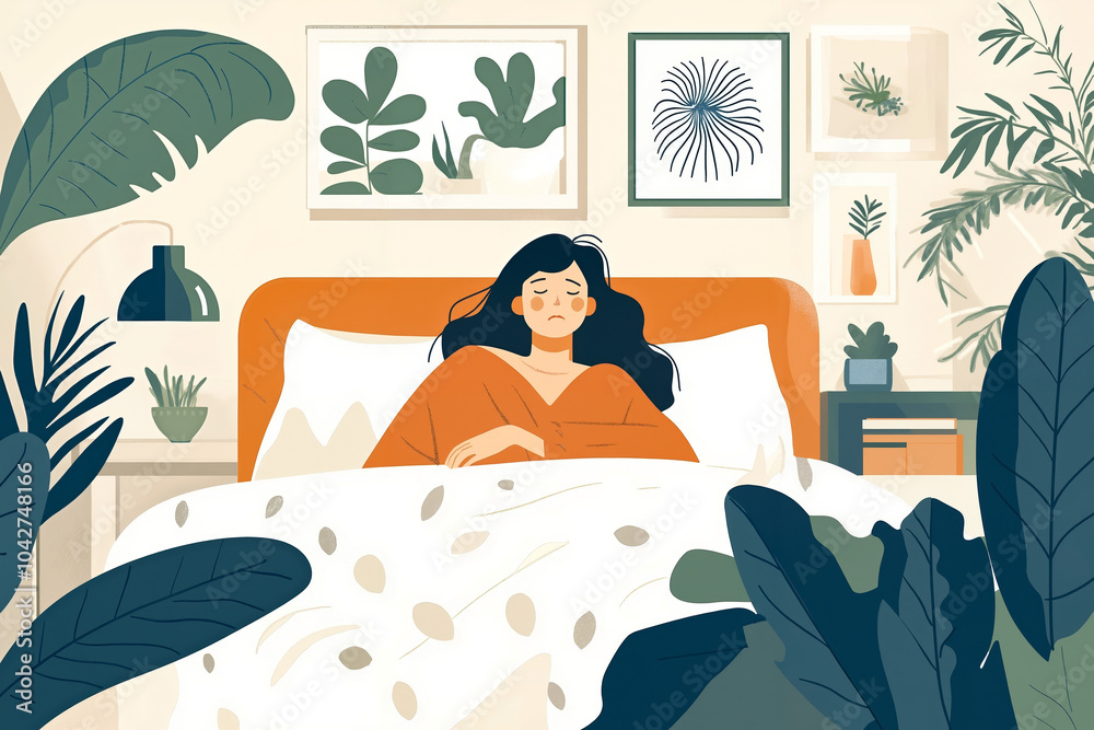 Obraz premium A woman in a red robe is lying in a bed with white sheets, surrounded by plants and artwork