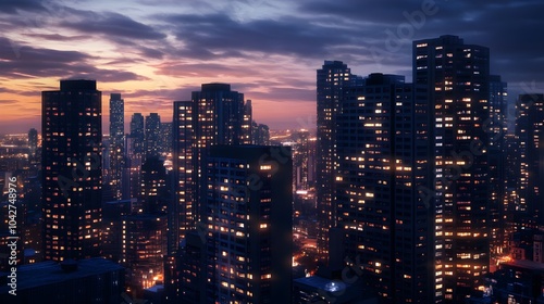 Cityscape at Twilight with Illuminated Windows and Dramatic Clouds