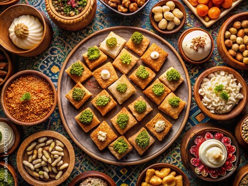 Aerial View of Traditional Arabic Qataif Dessert with Nuts and Cream for Celebrations and Sweet Treats photo