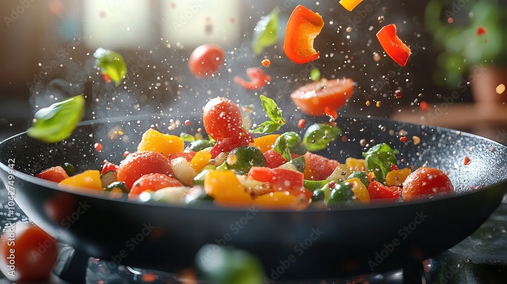 Vegetables flying out of the pan, Cooking Concept Vegetables flying out of the pan, Cooking Concept