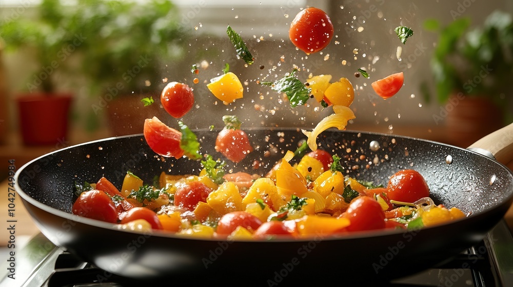 Vegetables flying out of the pan, Cooking Concept Vegetables flying out of the pan, Cooking Concept