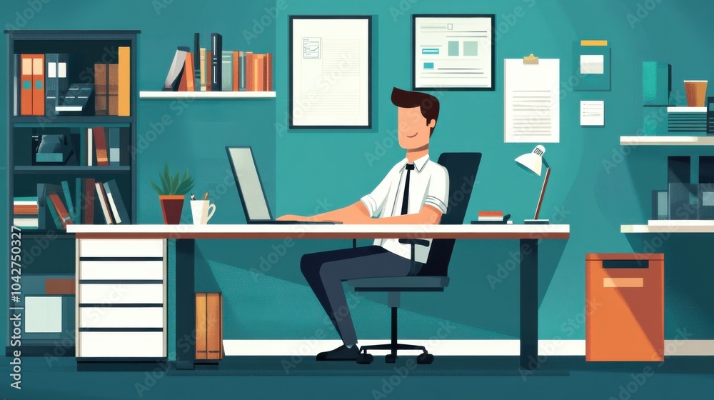 A modern office scene with a person working at a desk. A modern office scene with a person working at a desk.