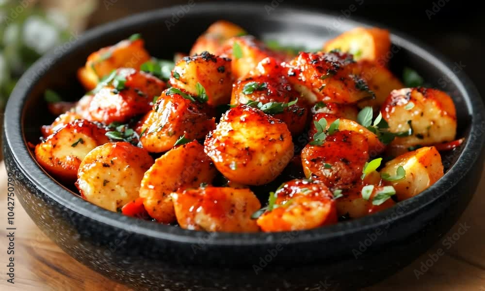 A bowl of spicy, garnished gnocchi ready to be served. A bowl of spicy, garnished gnocchi ready to be served.