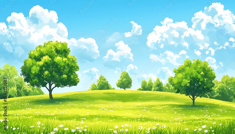 Fototapeta premium Springtime blooming green hill fields with vibrant flowers, seasonal splendor, countryside charm