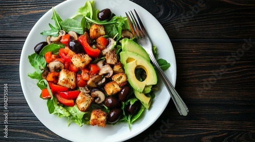 Fresh Salad with Avocado, Mushrooms, and Croutons