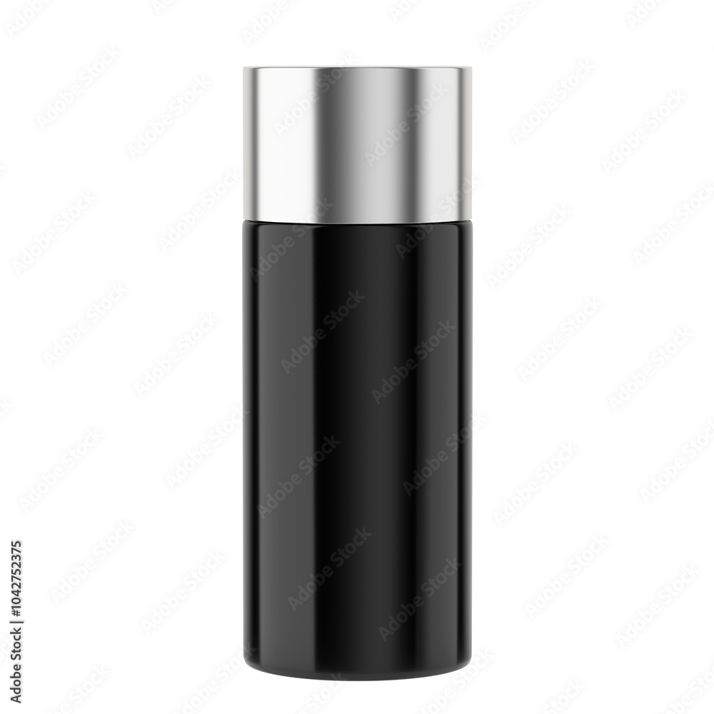 Photorealistic 3D render of a black cylindrical cosmetics bottle with a metallic silver cap. Sleek, minimal design beauty product mock up Photorealistic 3D render of a black cylindrical cosmetics bottle with a metallic silver cap. Sleek, minimal design beauty product mock up