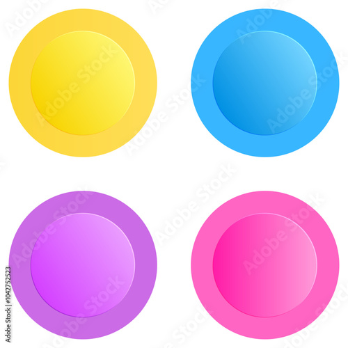 Low-profile, round buttons top view. Sleek modern interface buttons, stylish UI elements. Dashboards, apps interface low cut pop, press buttons