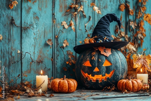 Halloween pumpkin with witch hat surrounded by candles and pumpkins on rustic wooden background, perfect for festive seasonal decor and spooky ambiance. photo