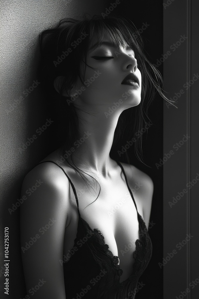 A beautiful woman in a black dress and dark make-up posing while leaning against wall. Black and white fashion photography. Fashion. Style.
A beautiful woman in a black dress and dark make-up posing while leaning against wall. Black and white fashion photography. Fashion. Style.