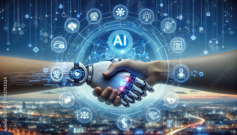 AI and Human Collaboration: Futuristic Handshake Between Human and Robot Surrounded by Holographic Digital Icons Representing Machine Learning, Automation, and Technological Innovation