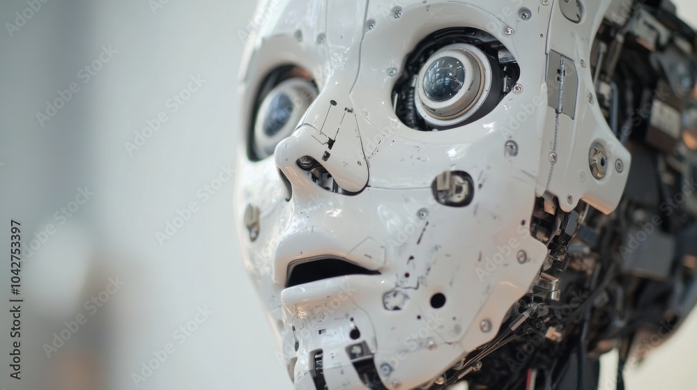 Fototapeta premium An extreme close-up of a humanoid robot's AI-driven speech synthesis module, showcasing natural language processing and interactive communication skills, Human-robot interaction technology style