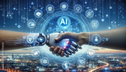 Obraz na płótnie AI and Human Collaboration: Futuristic Handshake Between Human and Robot Surrounded by Holographic Digital Icons Representing Machine Learning, Automation, and Technological Innovation w salonie