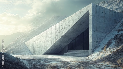 A futuristic bunker design with large cast concrete doors and heavy walls, situated on a hillside, creating a cold and intimidating atmosphere. photo