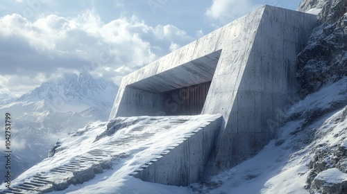 A futuristic bunker design with large cast concrete doors and heavy walls, situated on a hillside, creating a cold and intimidating atmosphere. photo