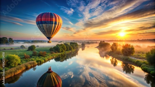 Hot air balloon flying over river at sunrise