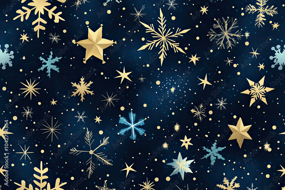 Elegant Christmas pattern with delicate snowflakes and golden stars in a seamless design greeting cards and holiday decorations Elegant Christmas pattern with delicate snowflakes and golden stars in a seamless design greeting cards and holiday decorations