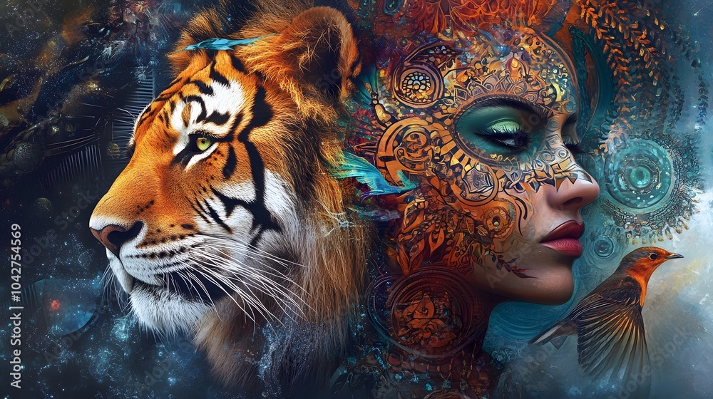 painting mighty lion and tiger head, and mystic woman with ornamental tattoo on face with bird, ornament background and mandala. computer collage, profile portrait, eye contact. painting mighty lion and tiger head, and mystic woman with ornamental tattoo on face with bird, ornament background and mandala. computer collage, profile portrait, eye contact.