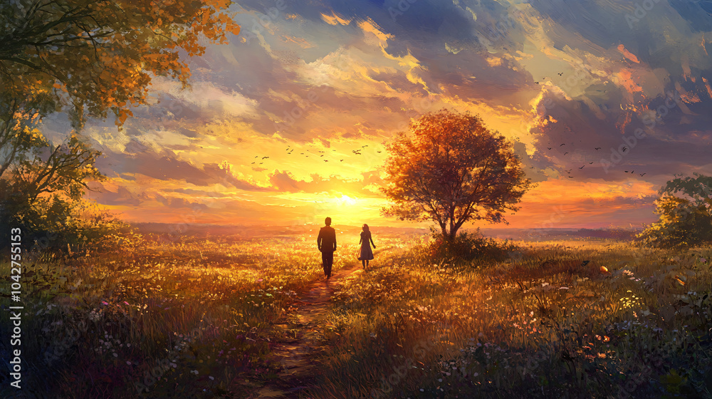 A delightful image of a couple enjoying a romantic walk in the fields as the sun sets, surrounded by nature. A delightful image of a couple enjoying a romantic walk in the fields as the sun sets, surrounded by nature.