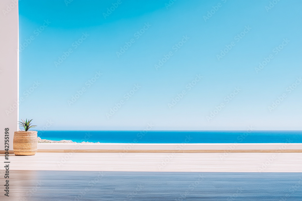 Fototapeta premium Stunning coastal view from a modern interior with a bright blue sky and ocean backdrop