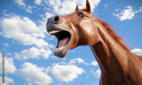 A brown horse with its mouth open wide, seemingly neighing loudly. photo