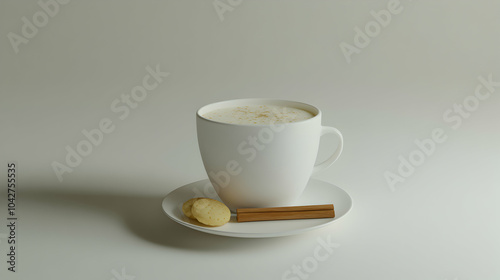 A close up of a white coffee cup with a saucer, two cookies and two cinnamon sticks on a white background.