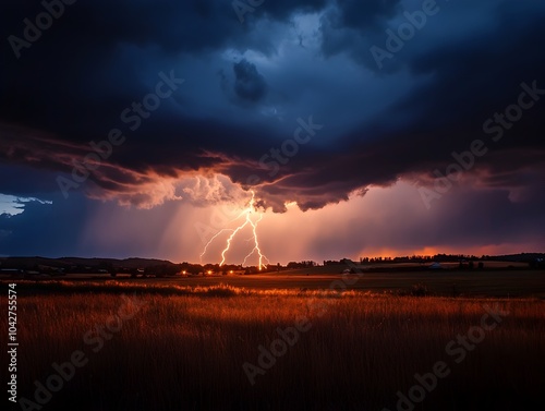 Dramatic Storm with Powerful Lightning Bolt Illuminating the Countryside Landscape