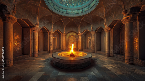 A tranquil Zoroastrian fire temple with a sacred flame glowing brightly inside a beautifully designed dome. photo