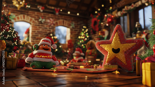 A Plush Toy, Wrapped Gifts, and Golden Ornaments in a Cozy Christmas Setting