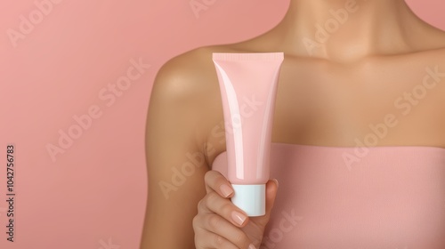 A woman holds a pink beauty product tube against a soft pink background, showcasing skincare in a minimalist setting.