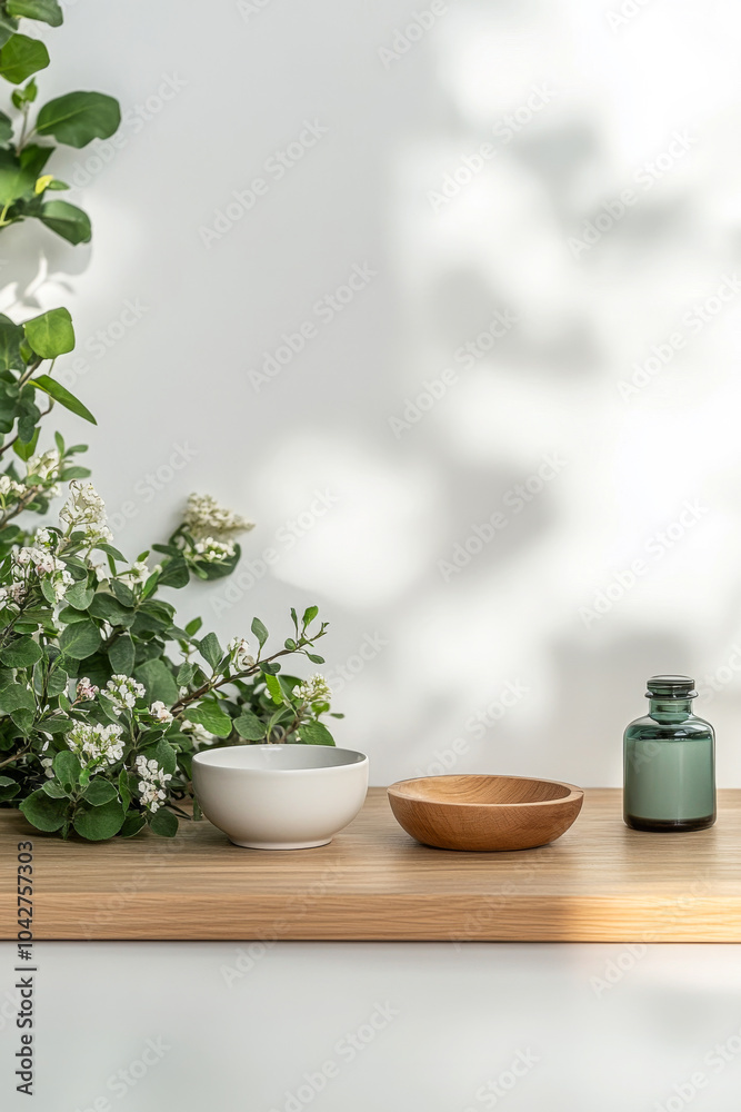 Natural decor with wooden and ceramic bowls on a bamboo surface beside fresh greenery Natural decor with wooden and ceramic bowls on a bamboo surface beside fresh greenery