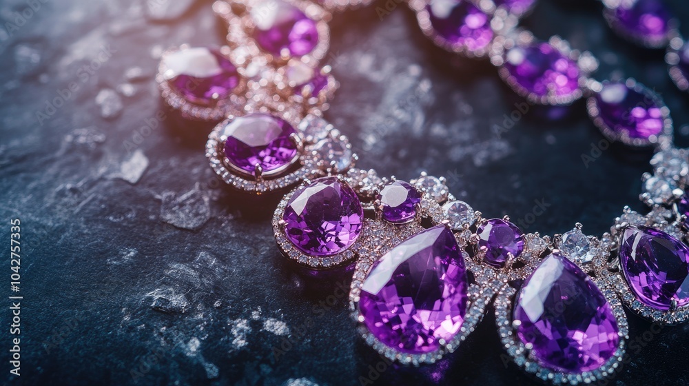 Elegant close-up of a necklace with sparkling amethysts and diamonds, arranged on a luxurious dark surface, exuding sophistication. Elegant close-up of a necklace with sparkling amethysts and diamonds, arranged on a luxurious dark surface, exuding sophistication.