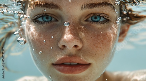 A highly realistic close-up shot shows a woman's face completely submerged underwater, her smooth and clear skin visible through gentle ripples, and her vibrant blue eyes visible.