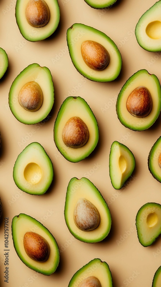 Fresh Green Avocados on Beige Background Fresh Green Avocados on Beige Background