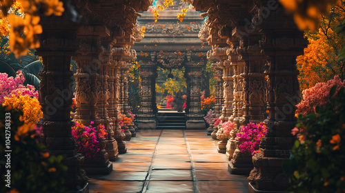 An ornate Hindu temple entrance with intricately carved stone pillars, surrounded by a vibrant backdrop of colorful flowers.