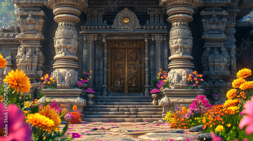 An ornate Hindu temple entrance with intricately carved stone pillars, surrounded by a vibrant backdrop of colorful flowers. v2